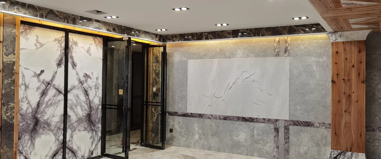 Large-format natural stone feature walls and interior cladding